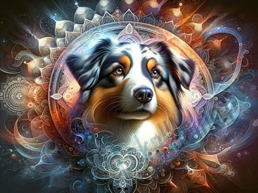 En Australian Shepherd omgiven av intrikata mandalamönster i en kosmisk och abstrakt atmosfär som för tankarna till en annan dimension.