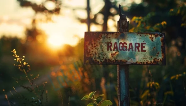 Rostig skylt med ordet "RAGGARE" i röda bokstäver, upplyst av solnedgångens varma sken i ett grönt landskap.