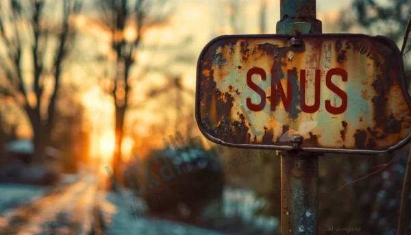 Rostig skylt med ordet "SNUS" i röda bokstäver, belyst av solnedgångens varma ljus i ett vinterlandskap.