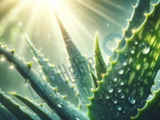 Närbild av aloe vera blad i solljus, täckta med glänsande vattendroppar som reflekterar ljuset, med skarpa detaljer av de gulaktiga taggarna på kanterna.