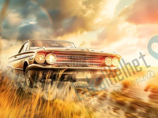 Klassisk Ford Galaxie kör genom ett landskap vid solnedgång, med vajar gräs i förgrunden och dramatisk himmel i bakgrunden.