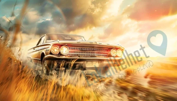 Klassisk Ford Galaxie kör genom ett landskap vid solnedgång, med vajar gräs i förgrunden och dramatisk himmel i bakgrunden.