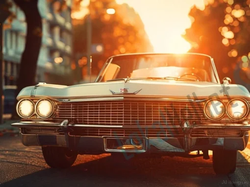 Klassisk Cadillac Eldorado från 1960-talet, parkerad i stadsmiljö vid skymning, med lysande strålkastare och gyllene ljusreflektioner.