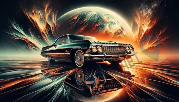 Klassisk Chevrolet Impala mot en kosmisk bakgrund med eldiga och turkosa färger, reflekterad på en spegelblank yta.